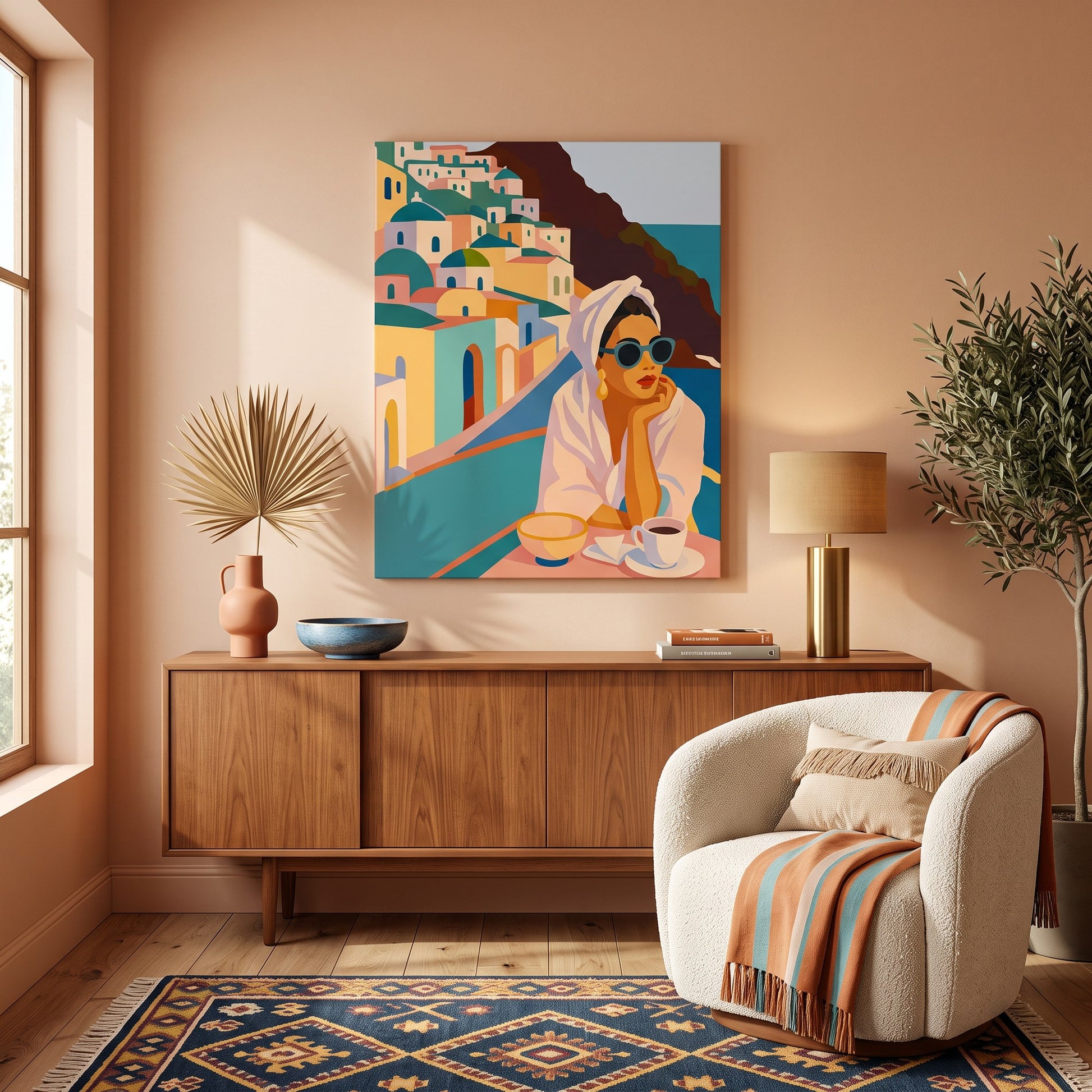 Tableau peinture par numéro Femme à Santorin accroché dans un intérieur décoré — Maison Artsen