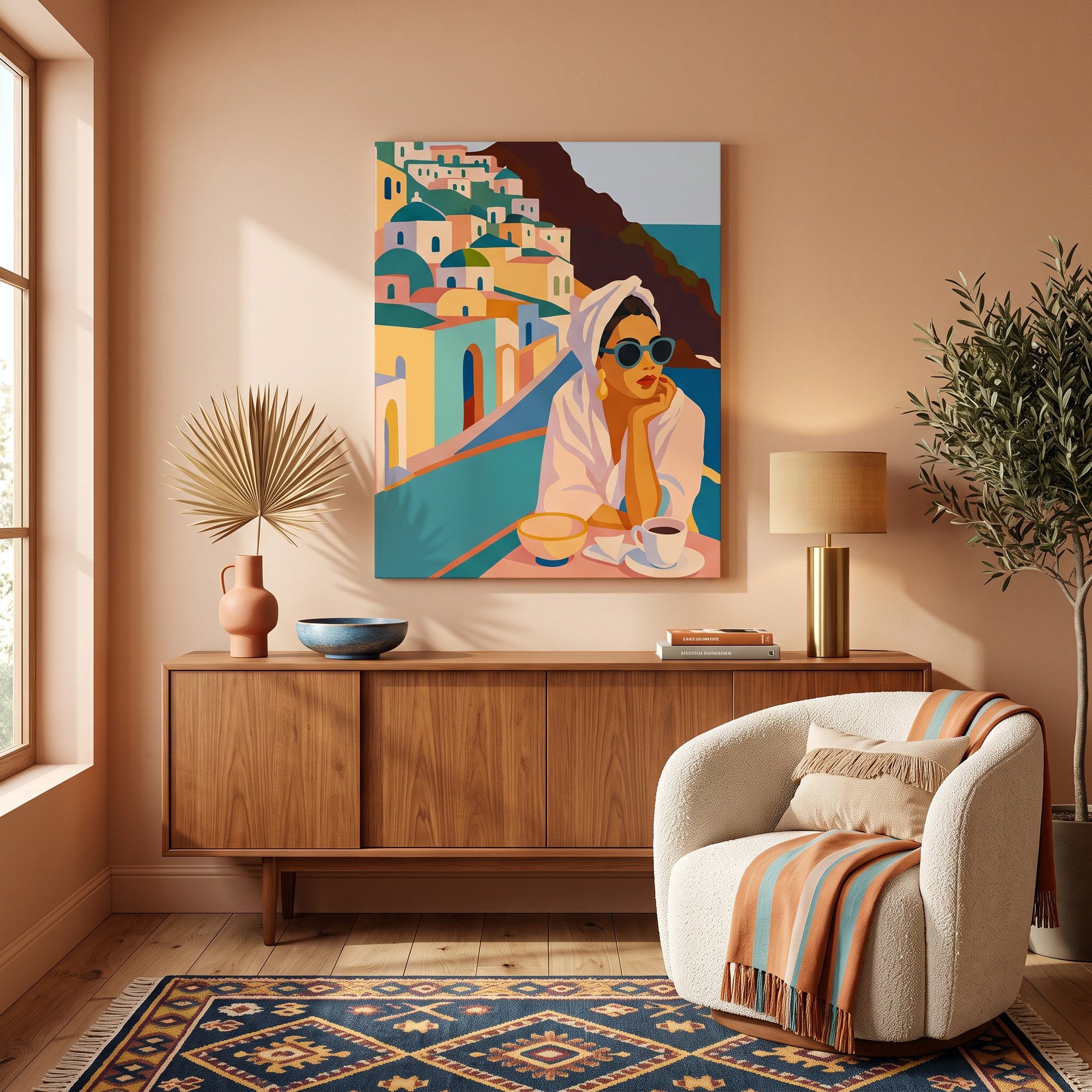Tableau peinture par numéro Femme à Santorin accroché dans un intérieur décoré — Maison Artsen