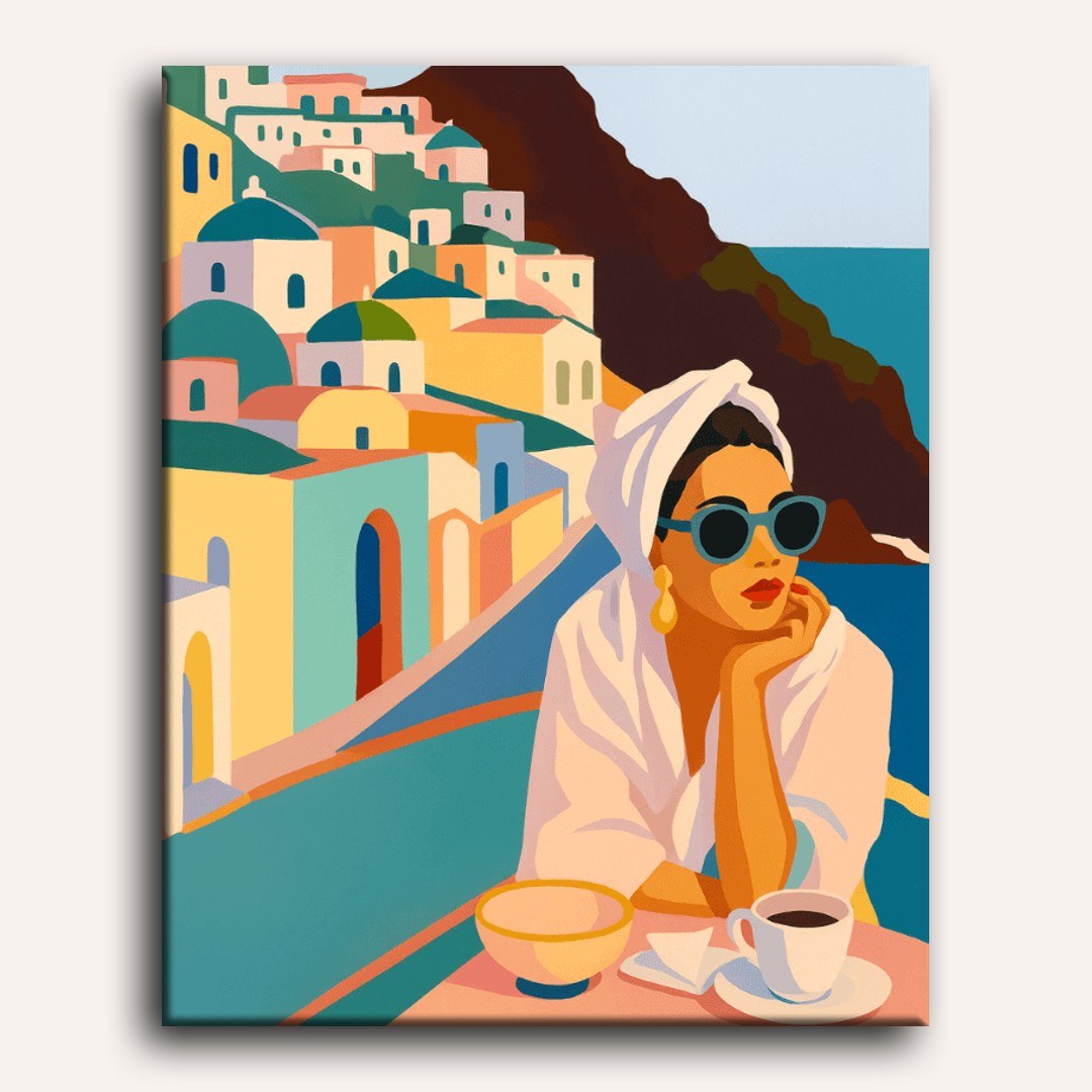 Peinture par numéro adulte Femme à Santorin, visuel complet du design sur toile — Maison Artsen