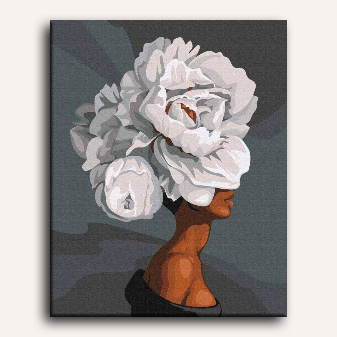 Peinture par numéro adulte Femme aux Fleurs Blanches, visuel complet du design sur toile — Maison Artsen