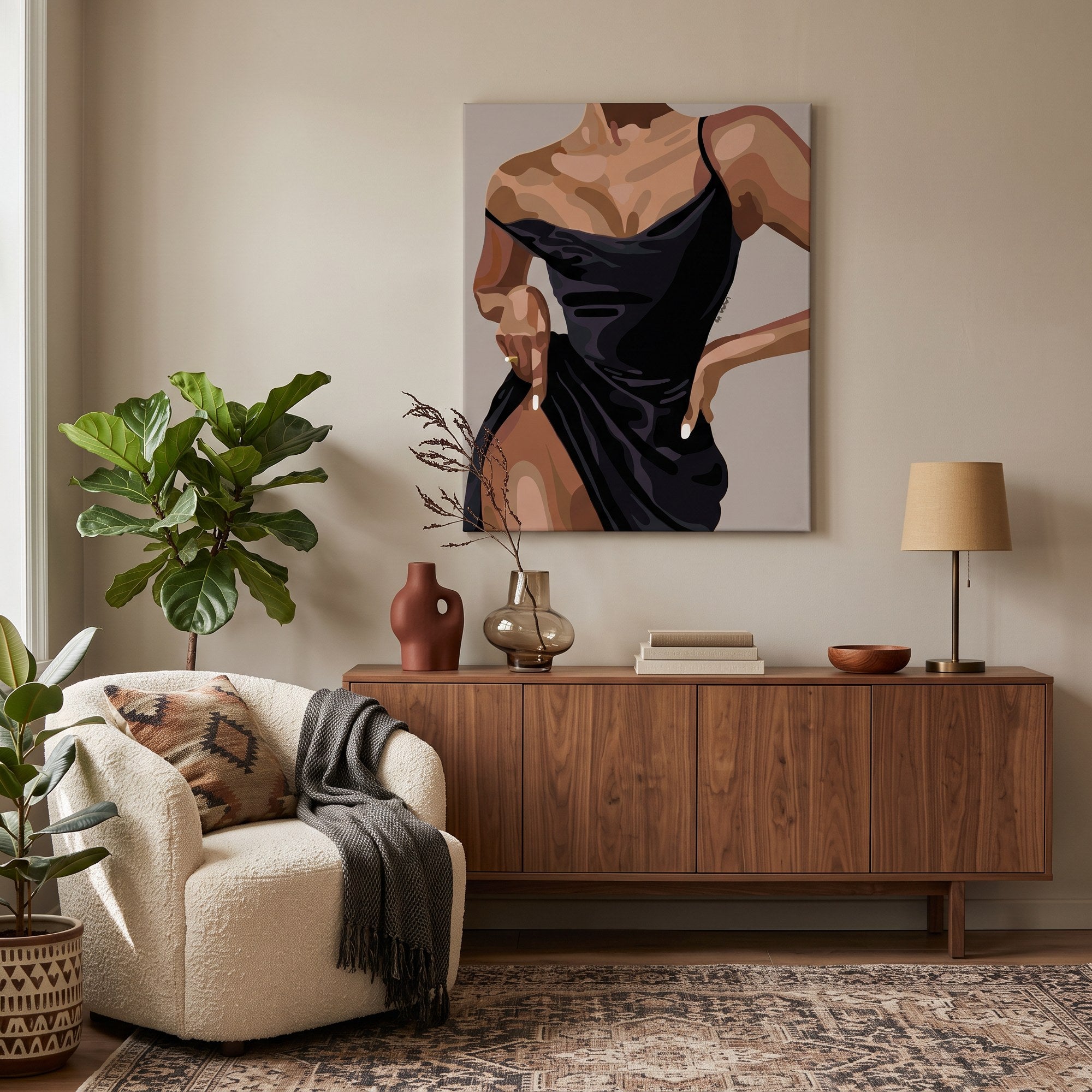 Tableau peinture par numéro Femme Élégante accroché dans un intérieur décoré — Maison Artsen