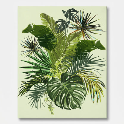 Peinture par numéro adulte Feuillages Tropicaux, visuel complet du design sur toile — Maison Artsen