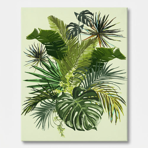 Peinture par numéro adulte Feuillages Tropicaux, visuel complet du design sur toile — Maison Artsen