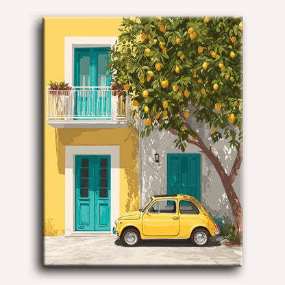 Peinture par numéro adulte Fiat Jaune sous le Citronnier, visuel complet du design sur toile — Maison Artsen