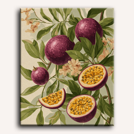 Passion Fruit in Bloom Paint-by-Numbers Kit displayed as wall art – Maison Artsen