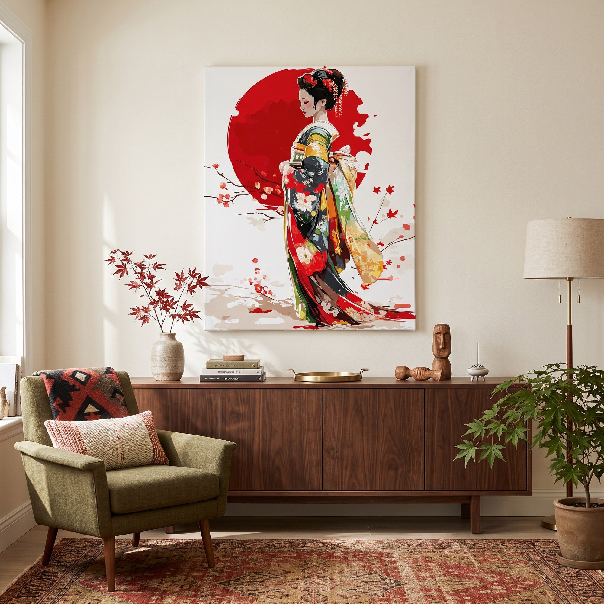 Tableau peinture par numéro Geisha Élégante accroché dans un intérieur décoré — Maison Artsen