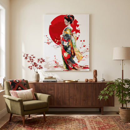 Tableau peinture par numéro Geisha Élégante accroché dans un intérieur décoré — Maison Artsen