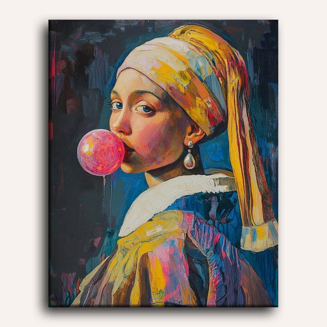 Peinture par numéro adulte Fille à la Perle Rose, visuel complet du design sur toile — Maison Artsen