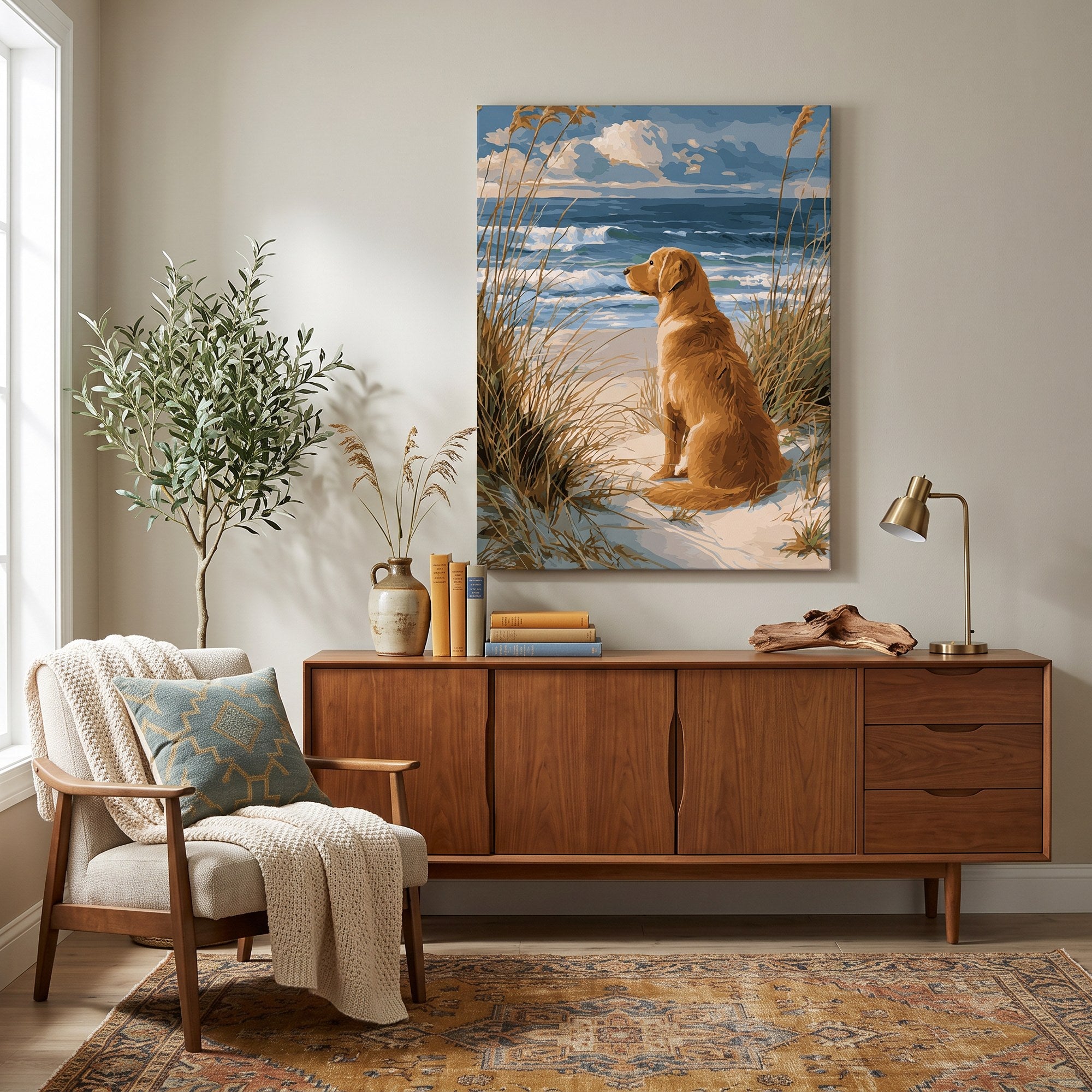 Tableau peinture par numéro Golden Retriever à la Plage accroché dans un intérieur décoré — Maison Artsen