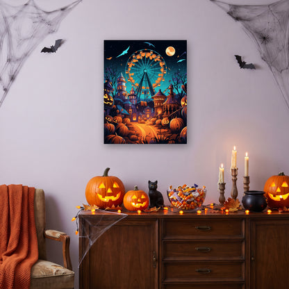 Tableau peinture par numéro Grande Roue des Citrouilles accroché dans un intérieur décoré, Maison Artsen