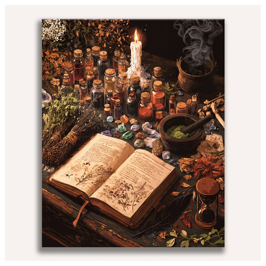 Peinture par numéro adulte Grimoire de l'Apothicaire, toile tendue vue de face — Maison Artsen