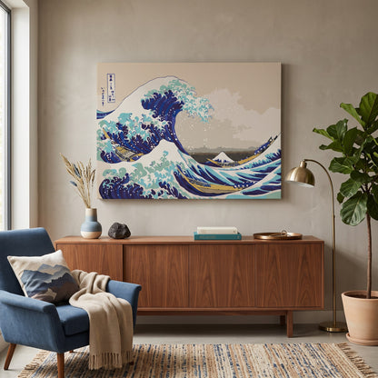 Tableau peinture par numéro La grande vague de Kanagawa accroché dans un intérieur décoré — Maison Artsen