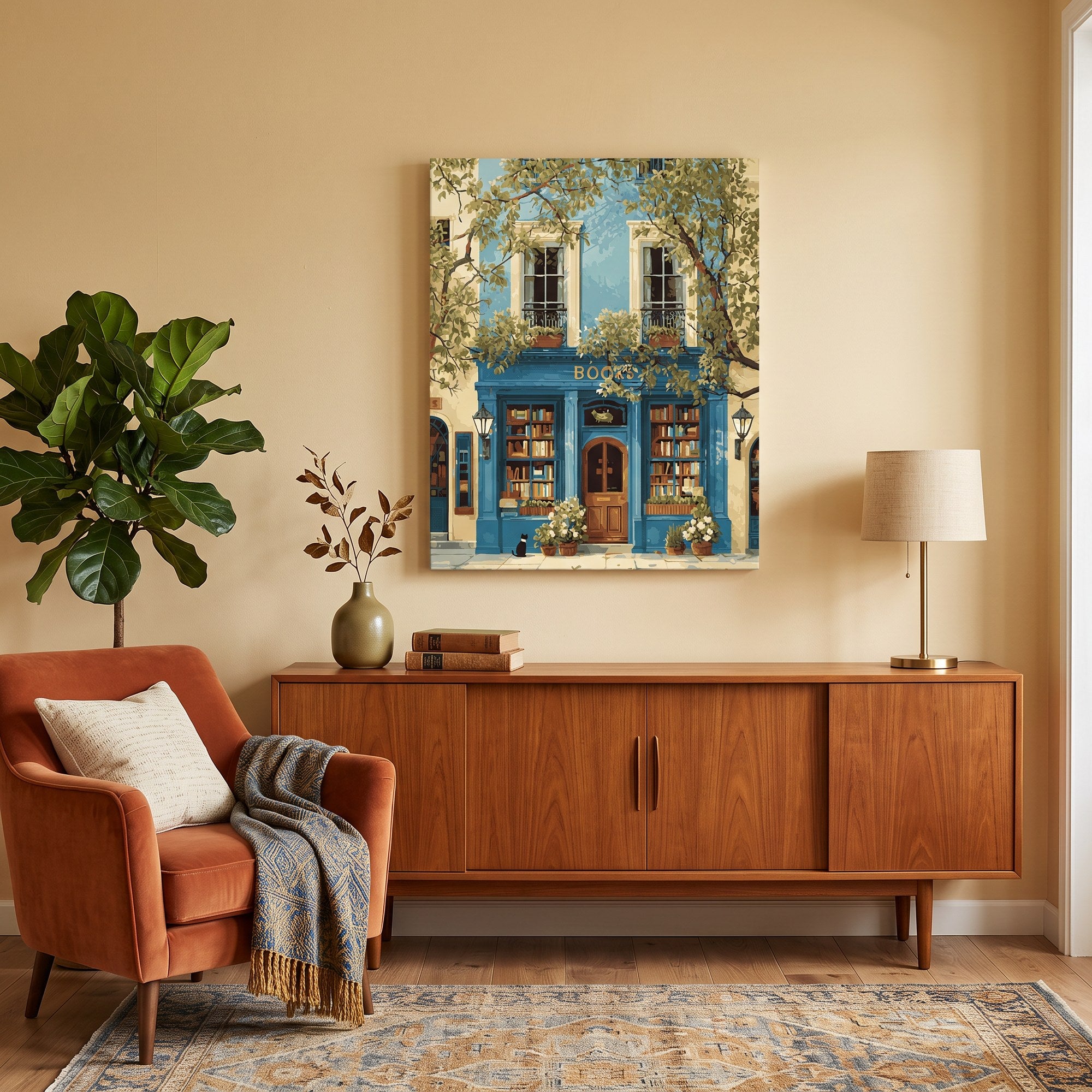 Tableau peinture par numéro La librairie bleue accroché dans un intérieur décoré — Maison Artsen