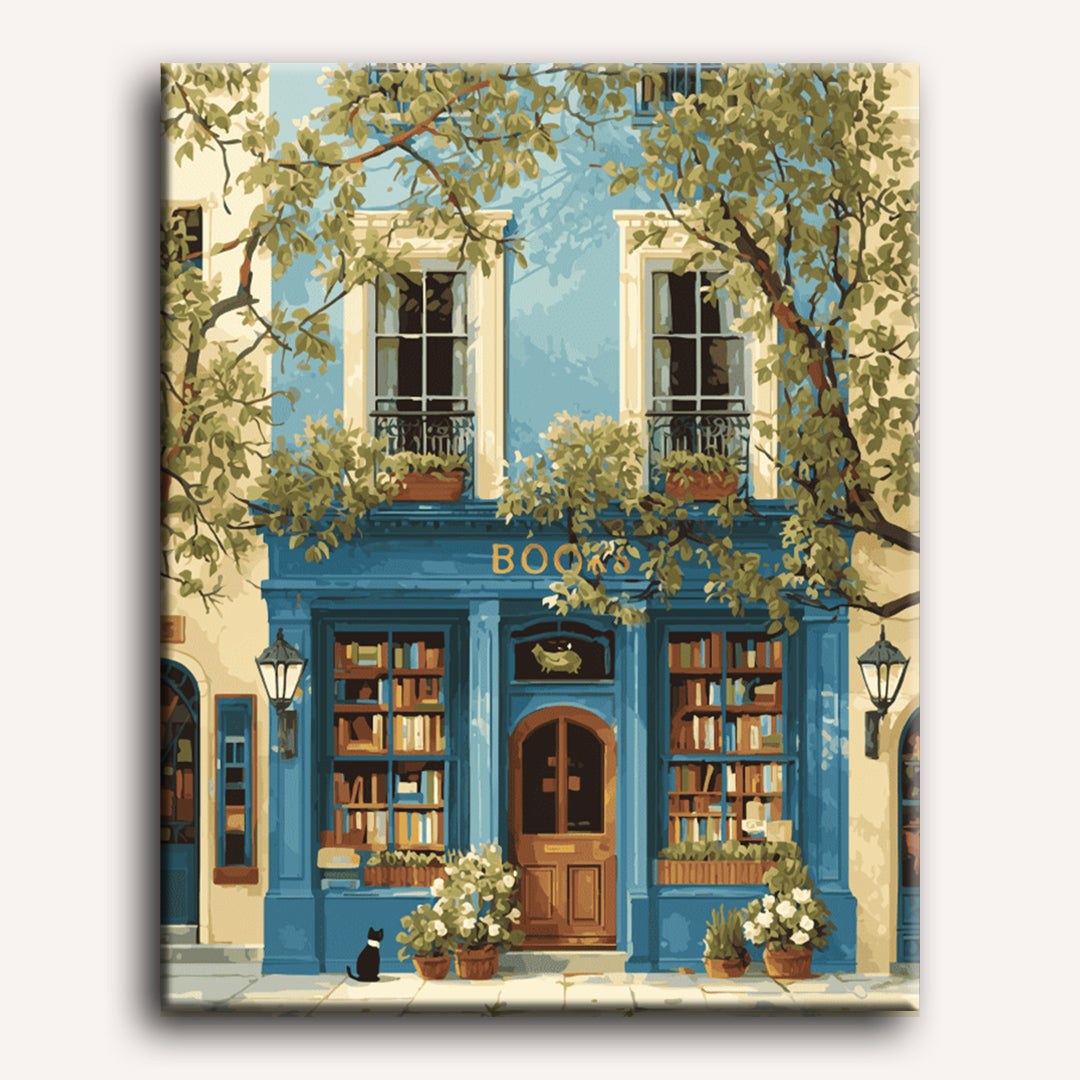Peinture par numéro adulte La librairie bleue, visuel complet du design sur toile — Maison Artsen