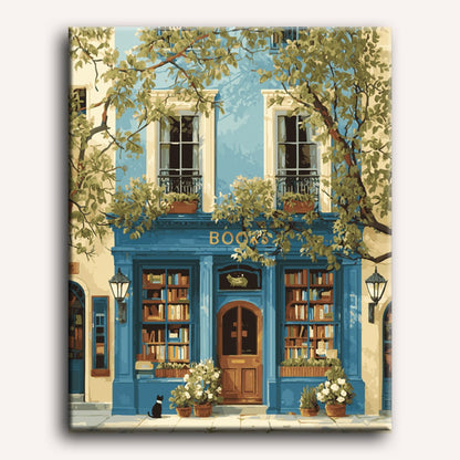 Peinture par numéro adulte La librairie bleue, visuel complet du design sur toile — Maison Artsen