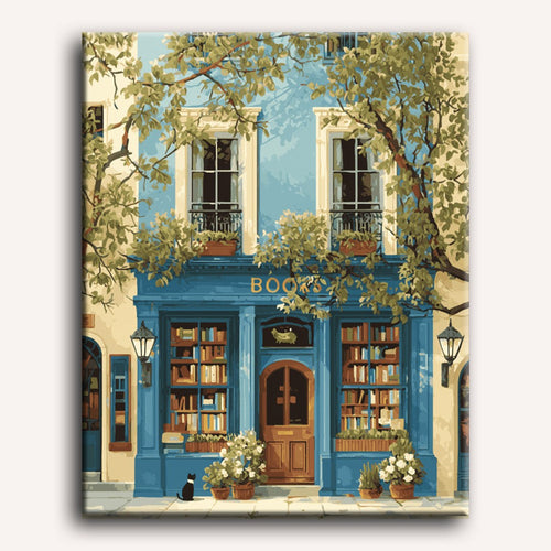 Peinture par numéro adulte La librairie bleue, visuel complet du design sur toile — Maison Artsen