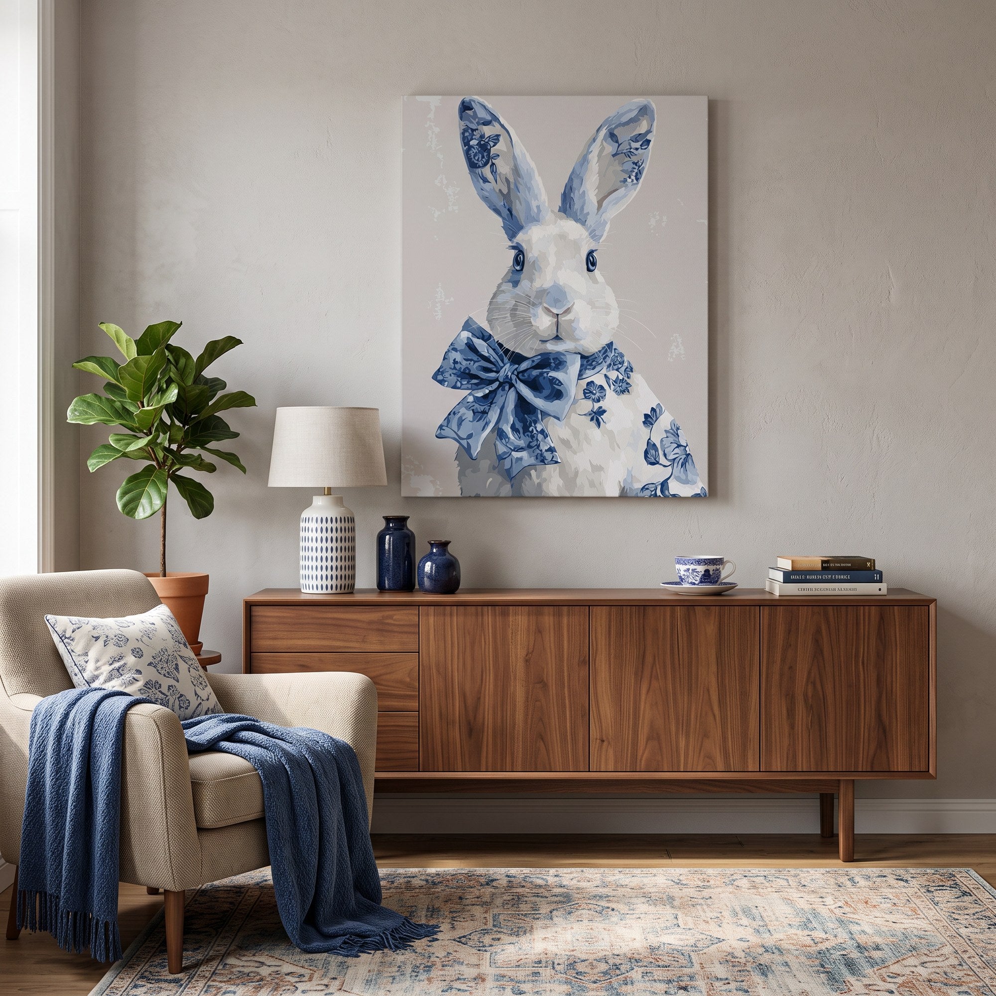 Tableau peinture par numéro Lapin de Delft accroché dans un intérieur décoré — Maison Artsen