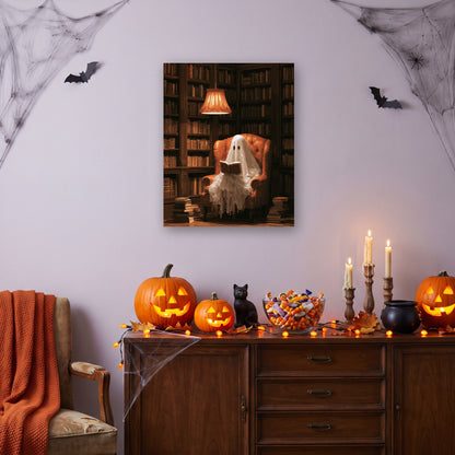 Tableau peinture par numéro Le Lecteur Fantôme accroché dans un salon décoré pour Halloween — Maison Artsen