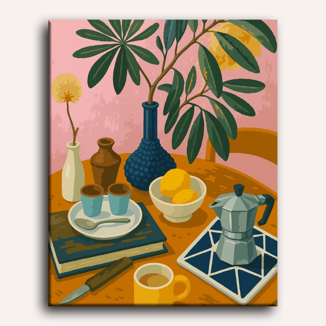 Peinture par numéro adulte Citrons et Espresso, visuel complet du design sur toile — Maison Artsen