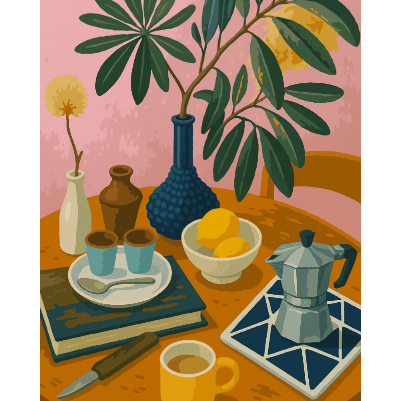 Peinture par numéro adulte Citrons et Espresso, visuel complet du design sur toile — Maison Artsen