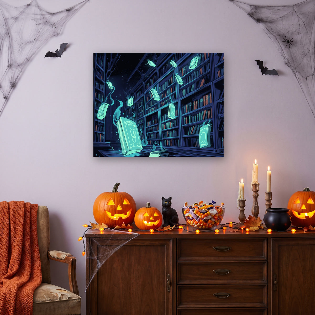 Tableau peinture par numéro Livres Volants accroché dans un intérieur décoré, Maison Artsen