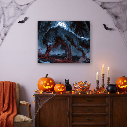 Tableau peinture par numéro Loup-Garou sous la Lune accroché dans un salon décoré pour Halloween — Maison Artsen