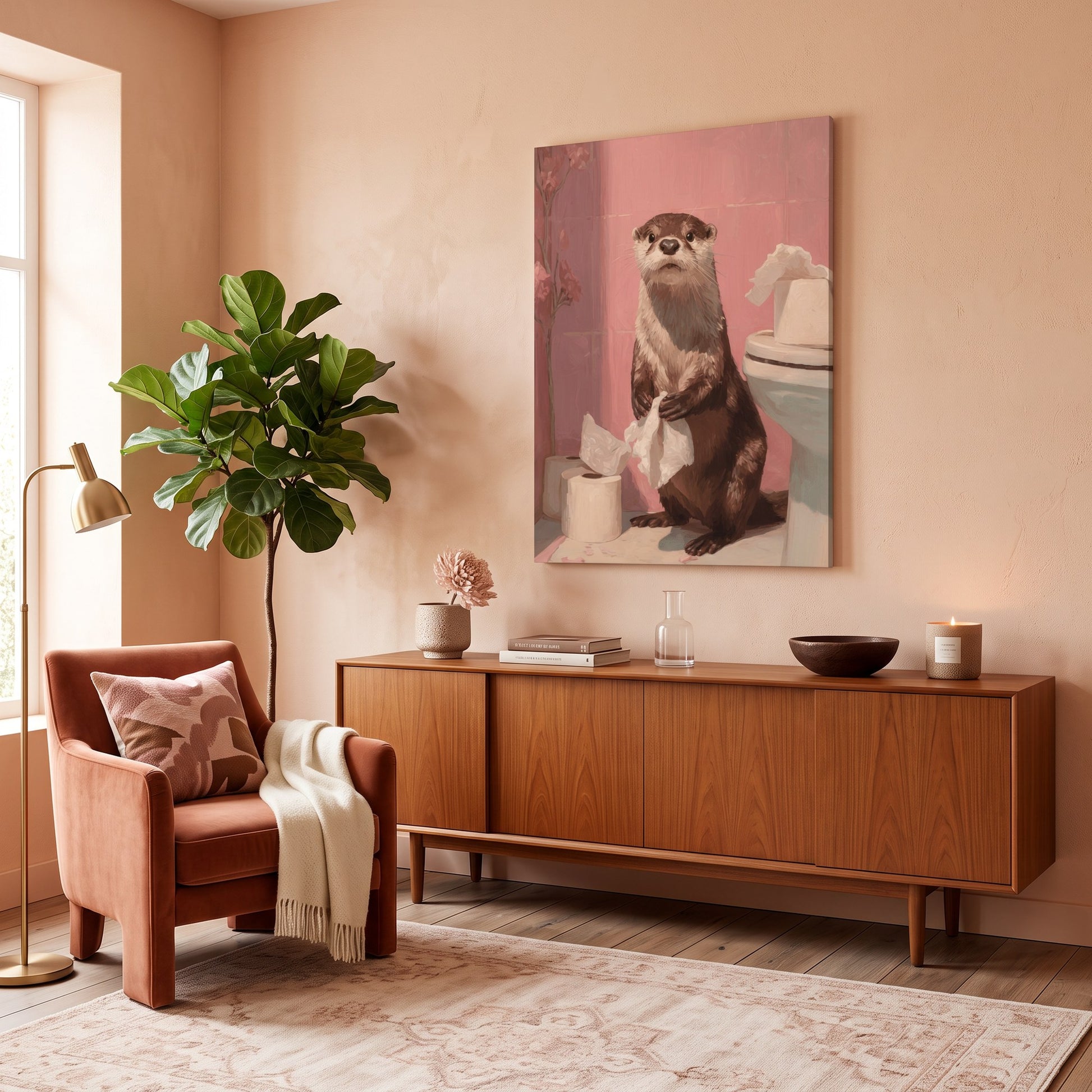 Tableau peinture par numéro Loutre aux toilettes accroché dans un intérieur décoré — Maison Artsen