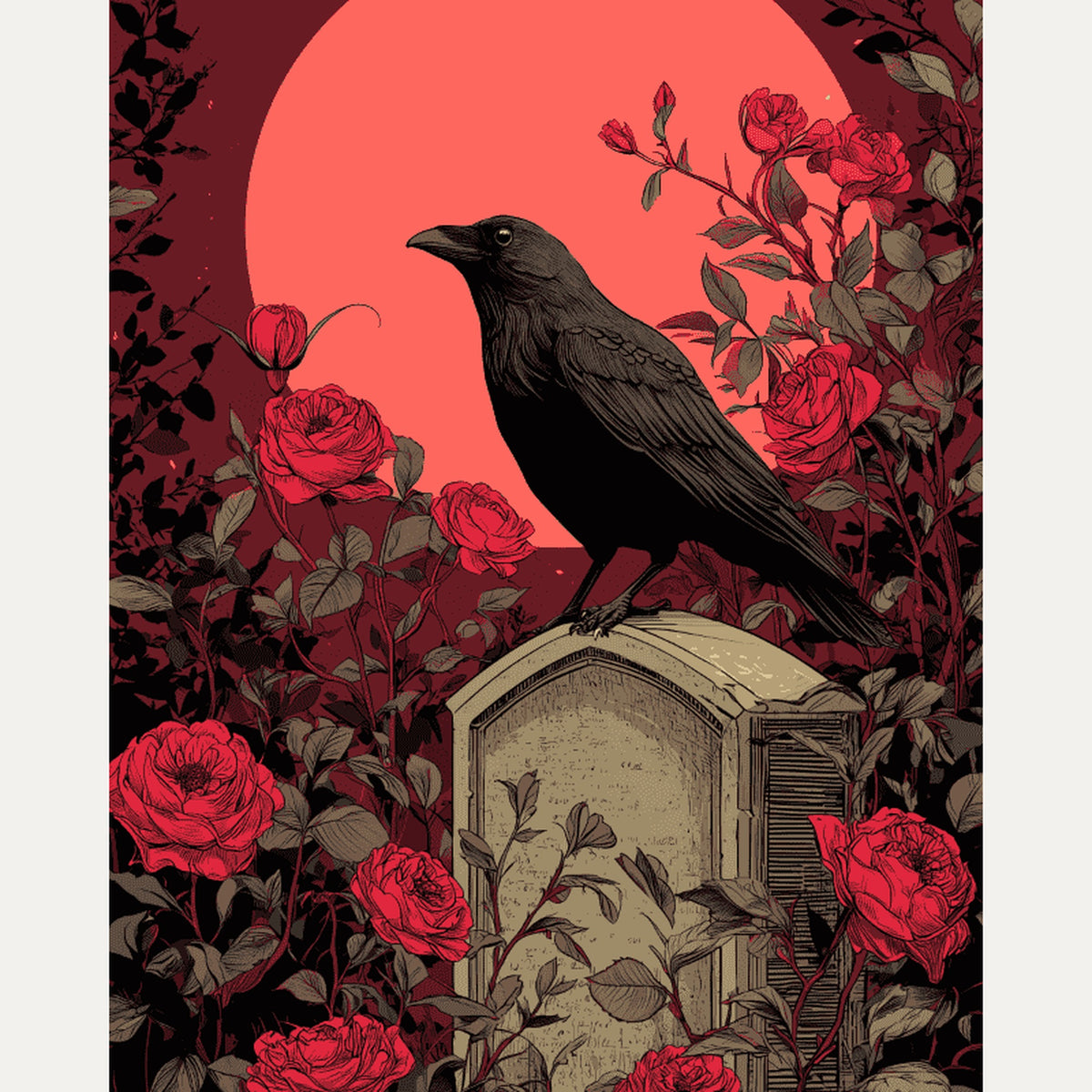 Peinture par numéro adulte Lune Rouge au Cimetière, visuel complet du design — Maison Artsen