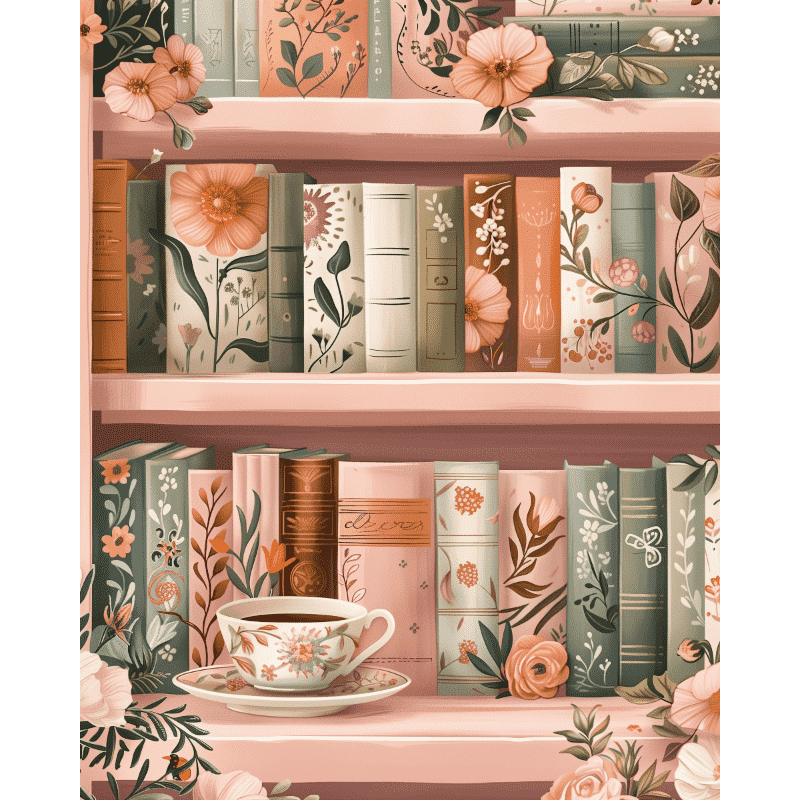 Peinture par numéro adulte Bibliothèque fleurie, visuel complet du design sur toile — Maison Artsen