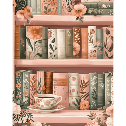 Peinture par numéro adulte Bibliothèque fleurie, visuel complet du design sur toile — Maison Artsen