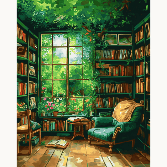 Peinture par numéro Coin lecture verdoyant - Toile sur châssis - Maison Artsen