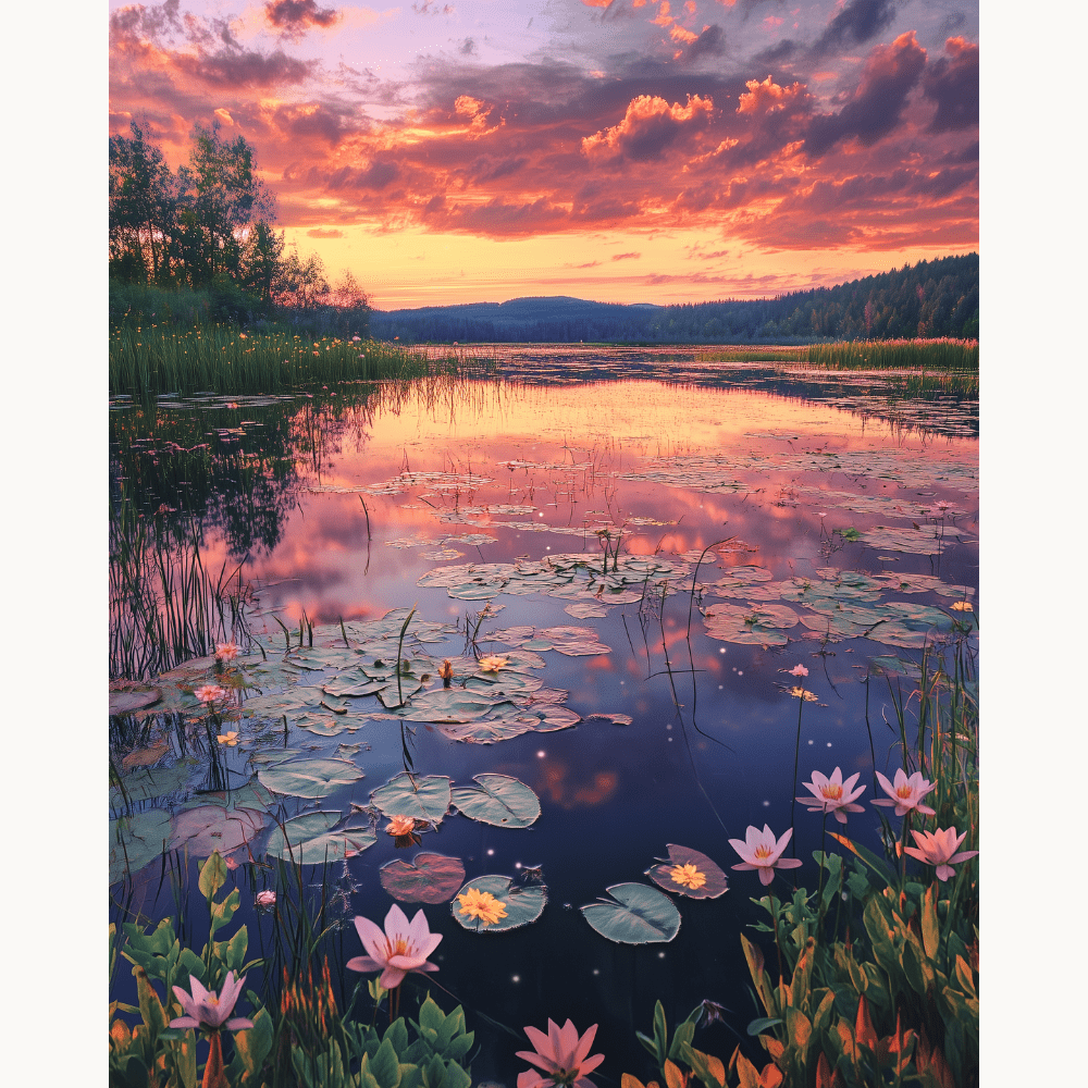 Peinture par numéro Nénuphars au coucher de soleil - Toile sur châssis - Maison Artsen