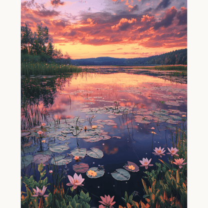 Peinture par numéro Nénuphars au coucher de soleil - Toile sur châssis - Maison Artsen