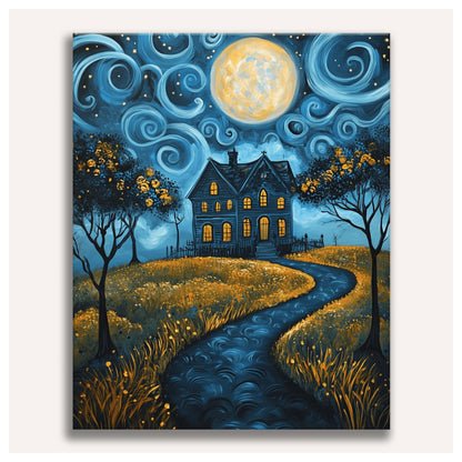 Peinture par numéro adulte Maison au Chemin d'Or, toile tendue vue de face — Maison Artsen