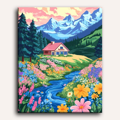 Peinture par numéro adulte Maison Colorée, visuel complet du design sur toile — Maison Artsen