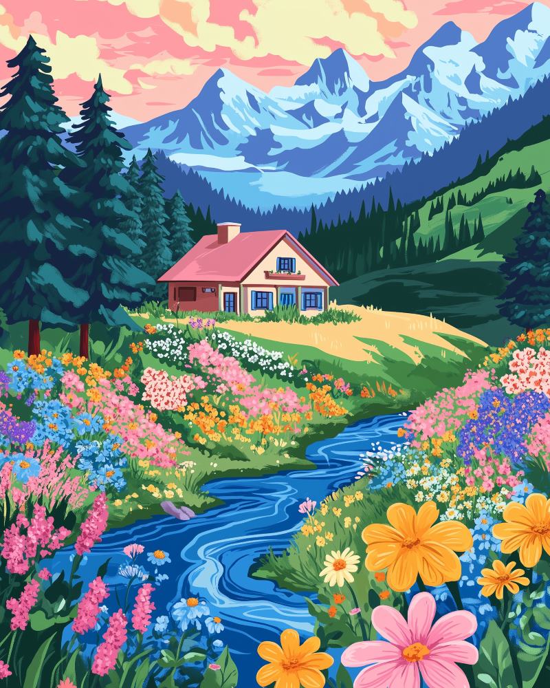 Peinture par numéro adulte Maison Colorée, visuel complet du design sur toile — Maison Artsen