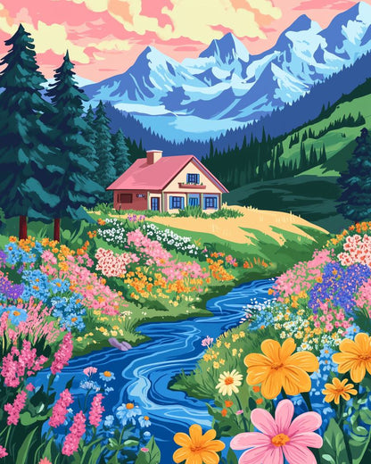 Peinture par numéro adulte Maison Colorée, visuel complet du design sur toile — Maison Artsen