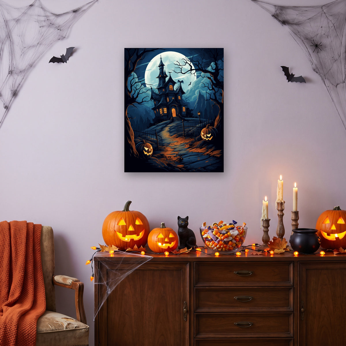Tableau peinture par numéro Manoir de Pleine Lune accroché dans un salon décoré pour Halloween — Maison Artsen