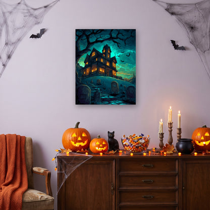 Tableau peinture par numéro Manoir sur la Colline accroché dans un salon décoré pour Halloween — Maison Artsen