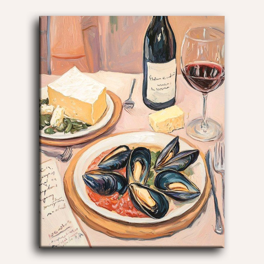 Peinture par numéro adulte Dîner aux Moules, visuel complet du design sur toile — Maison Artsen