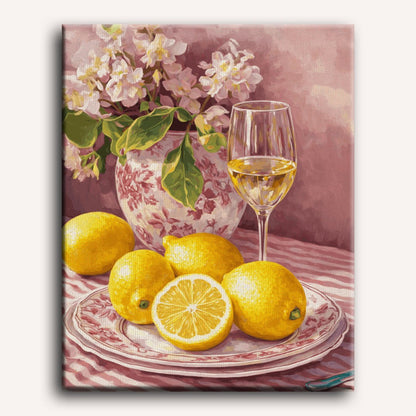 Peinture par numéro adulte Nature Morte Rose aux Citrons, visuel complet du design sur toile — Maison Artsen