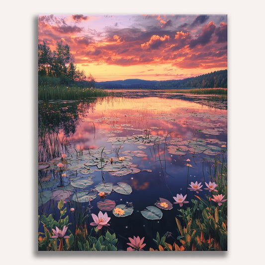 Peinture par numéro adulte Nénuphars au coucher de soleil, toile tendue 30×40 cm — Maison Artsen
