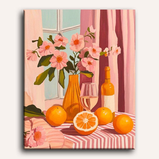 Peinture par numéro adulte Oranges, vin et fleurs, toile tendue 30×40 cm — Maison Artsen