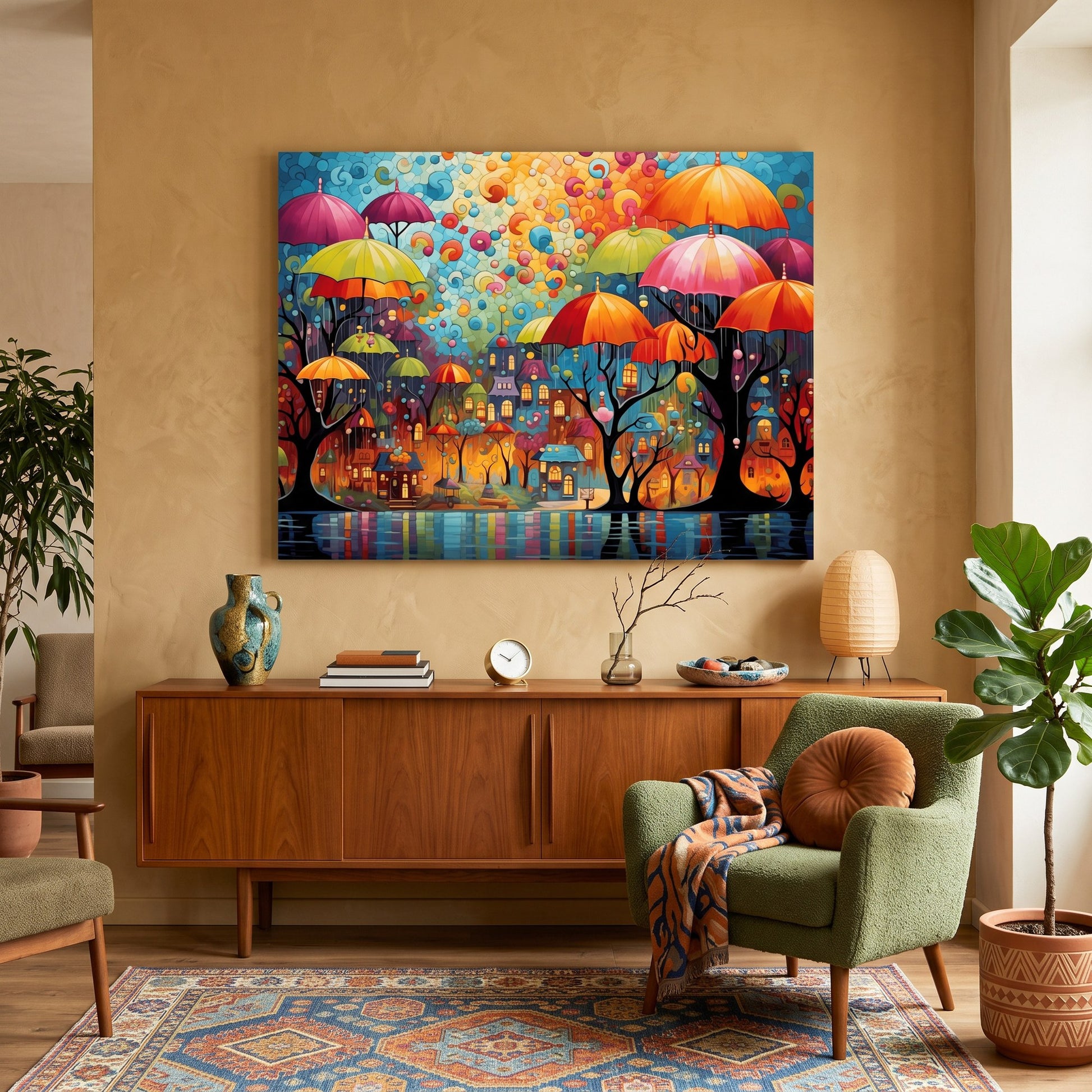 Tableau peinture par numéro Parapluies en ville accroché dans un intérieur décoré — Maison Artsen