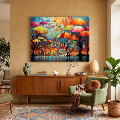 Tableau peinture par numéro Parapluies en ville accroché dans un intérieur décoré — Maison Artsen