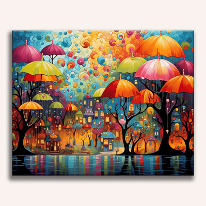 Peinture par numéro adulte Parapluies en ville, visuel complet du design sur toile — Maison Artsen