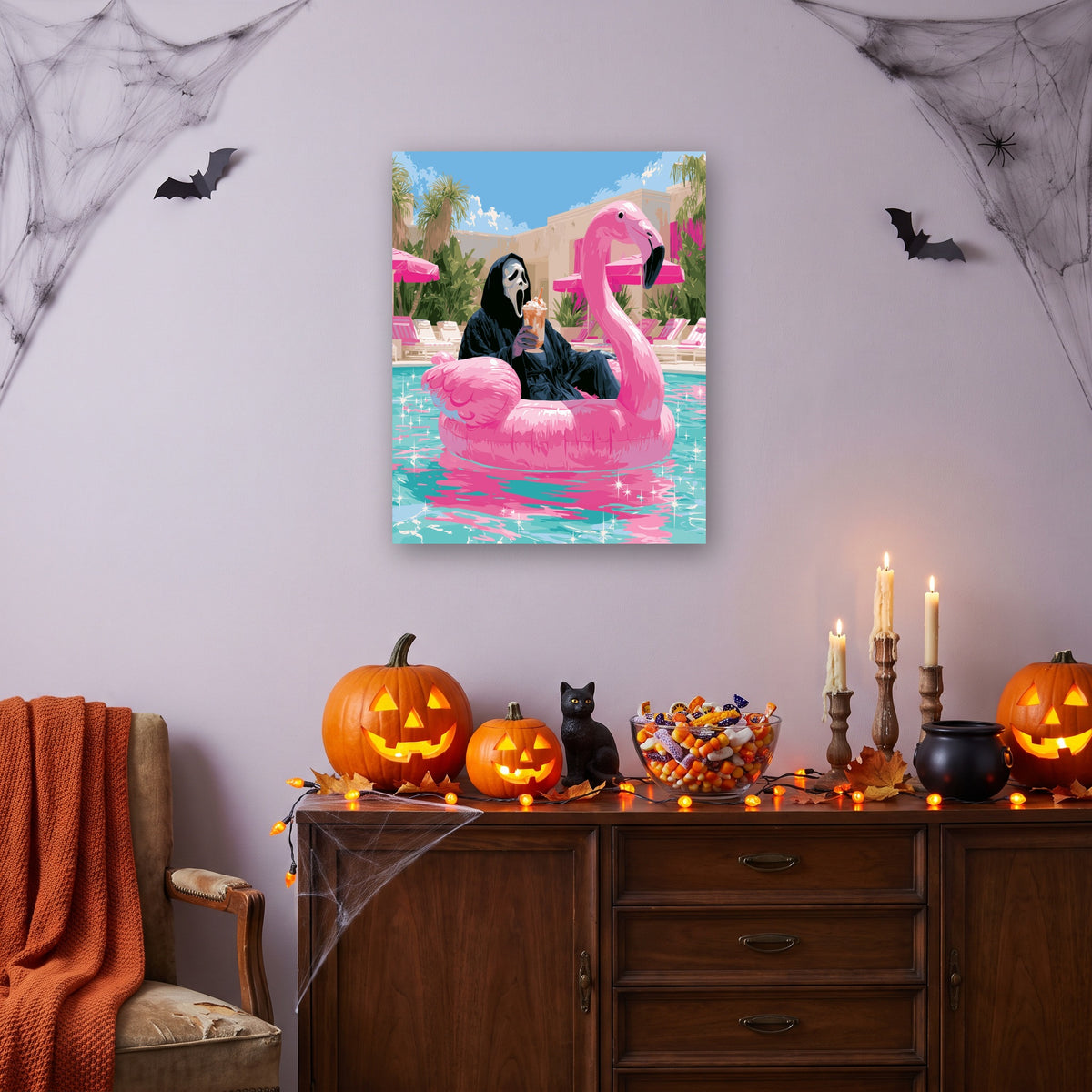 Tableau peinture par numéro Piscine du Flamant Rose accroché dans un salon décoré pour Halloween — Maison Artsen