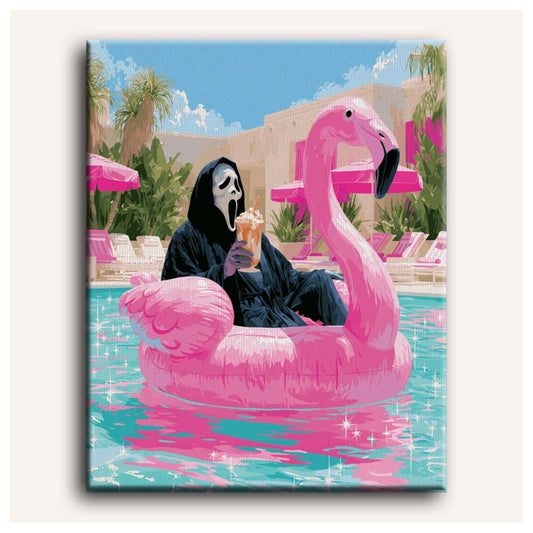 Pink Flamingo Pool paint by numbers for adults, Maison Artsen