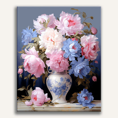 Peinture par numéro adulte Pivoines en Vase de Delft, visuel complet du design sur toile — Maison Artsen