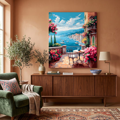 Tableau peinture par numéro Port sous le ciel bleu accroché dans un intérieur décoré — Maison Artsen